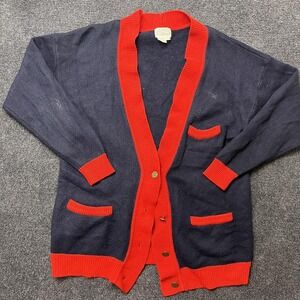 Vintage The Villager Lambswool Cardigan Sweater Womens Large Blue Red Preppy